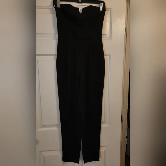 Topshop Jumpsuit 4 Black Strapless Boned V Neck Pleated Waist Zip Back Classic - Picture 2 of 4